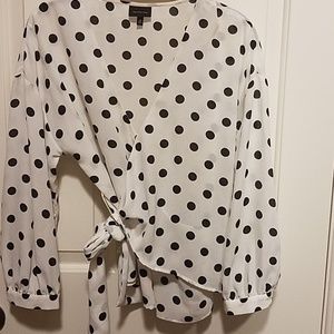 Who What Wear Polka Dot Wrap Around Long Sleeve Blouse Medium